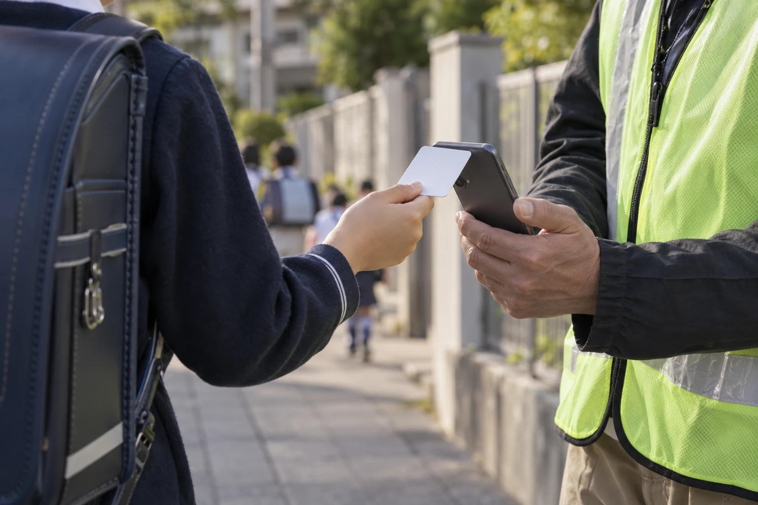 ランドセルを背負った子どものNFCカードを見守りスタッフがスマートフォンで読み取る利用イメージ