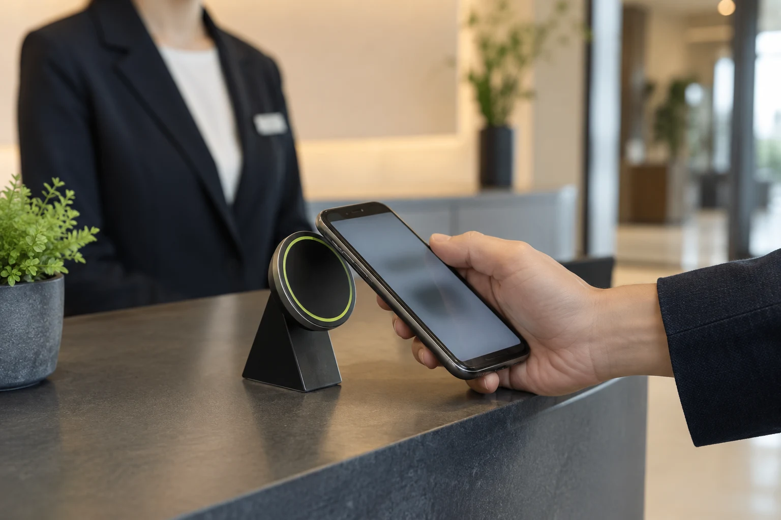 施設の受付でスマートフォンをNFC案内タグにかざす利用イメージ